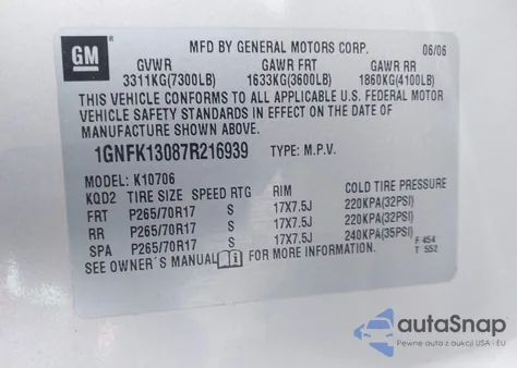 2007 Chevrolet Tahoe Lt z USA, uszkodzony, nr VIN 1GNFK13087R216939